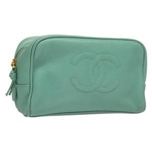CHANEL Vanity Pouch Caviar Skin Green Gold CC Auth 133039
